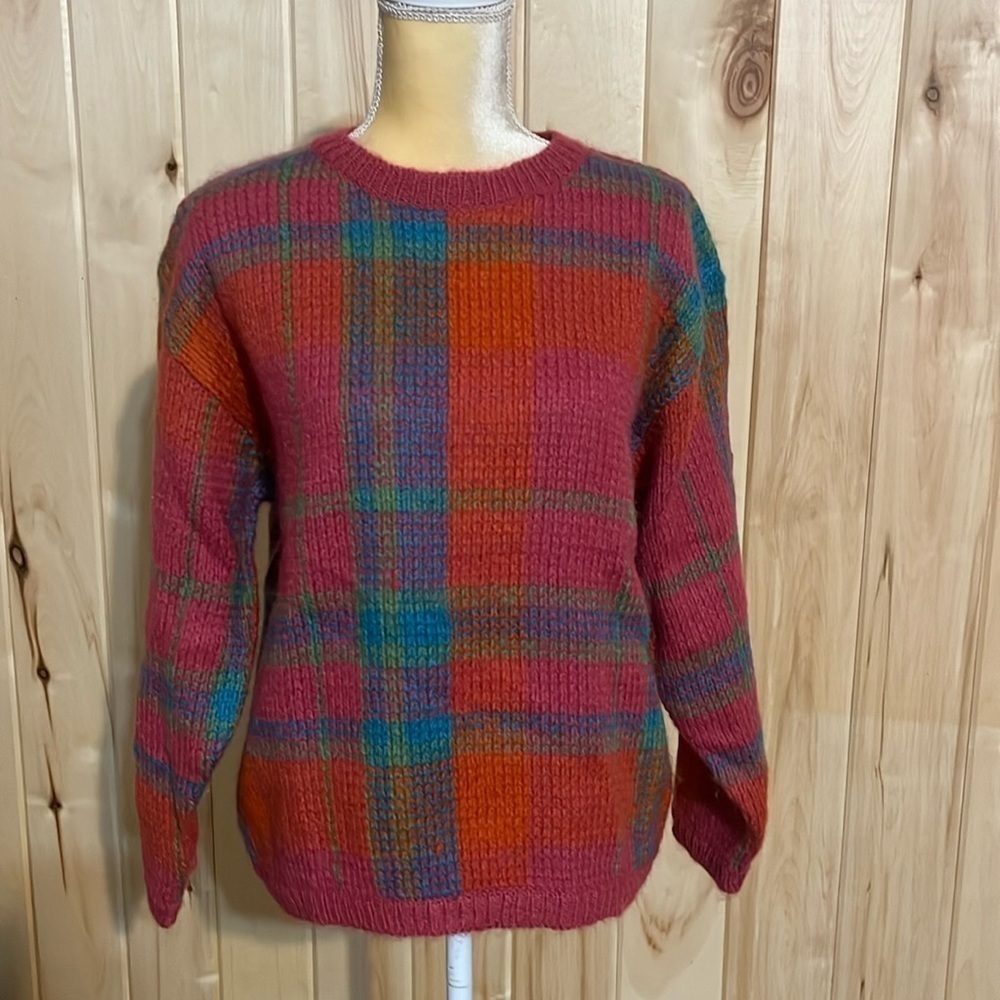 Gallagher Vintage Pink Plaid Wool Blend Sweater Size M